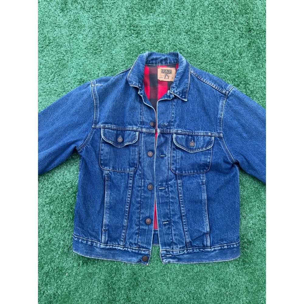 Vintage Gap Denim Jacket Mens Small Blue Flannel Lined Trucker Made in USA Plaid